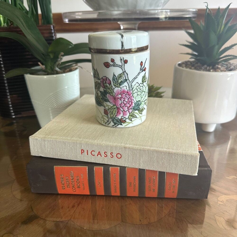 Vintage Japanese Kutani Porcelain Lidded Jar w/ Flowers & Birds